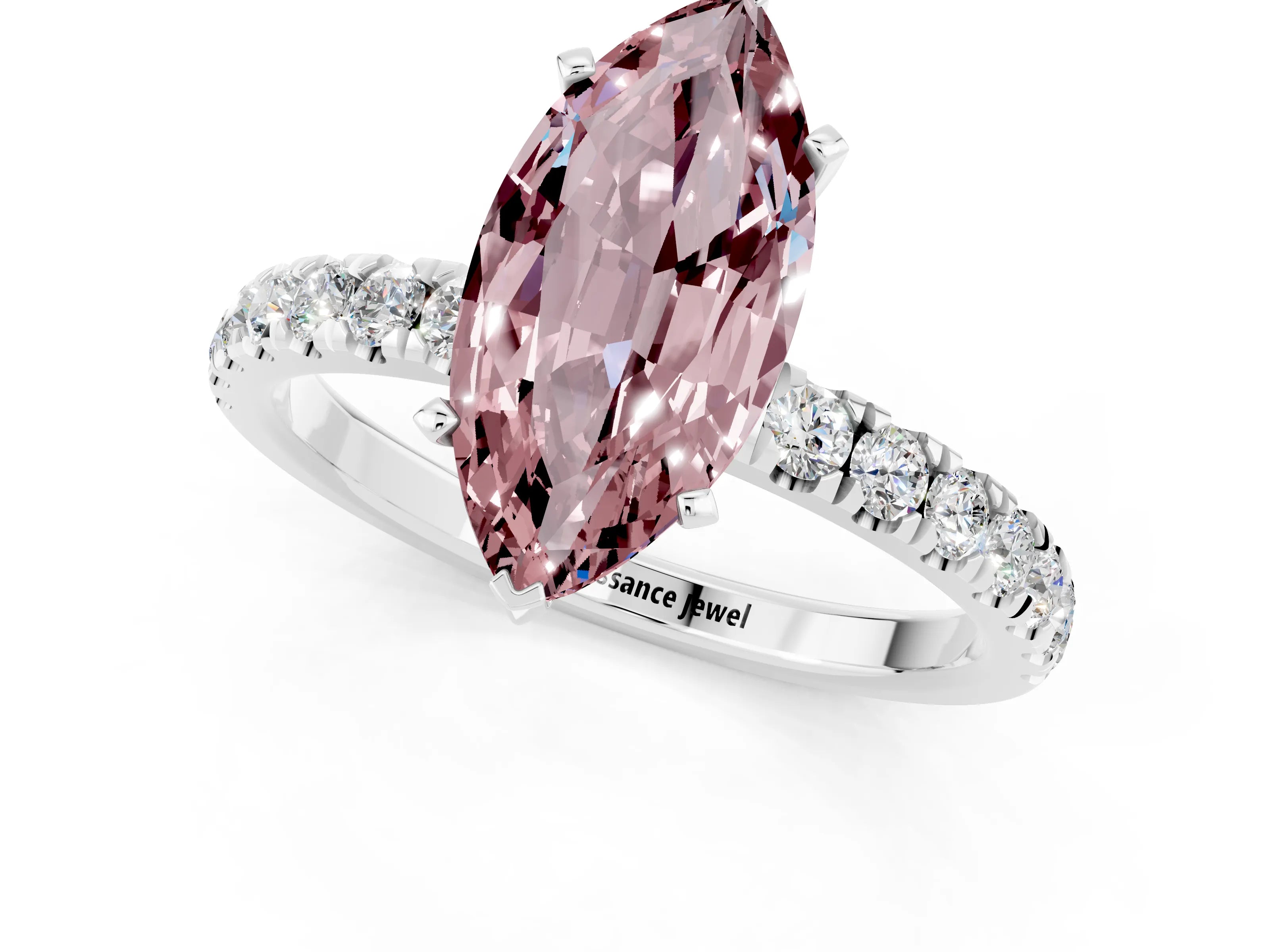 White gold Marquise Cut Morganite Solitaire Ring with Pavé Accents and Four-Prong Setting_1