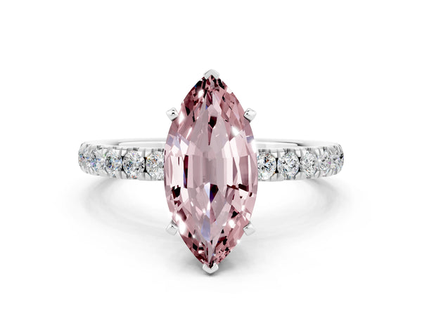 White gold Marquise Cut Morganite Solitaire Ring with Pavé Accents and Four-Prong Setting