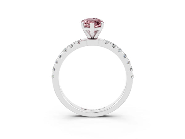 Silver Marquise Cut Morganite Solitaire Ring with Pavé Accents and Four-Prong Setting