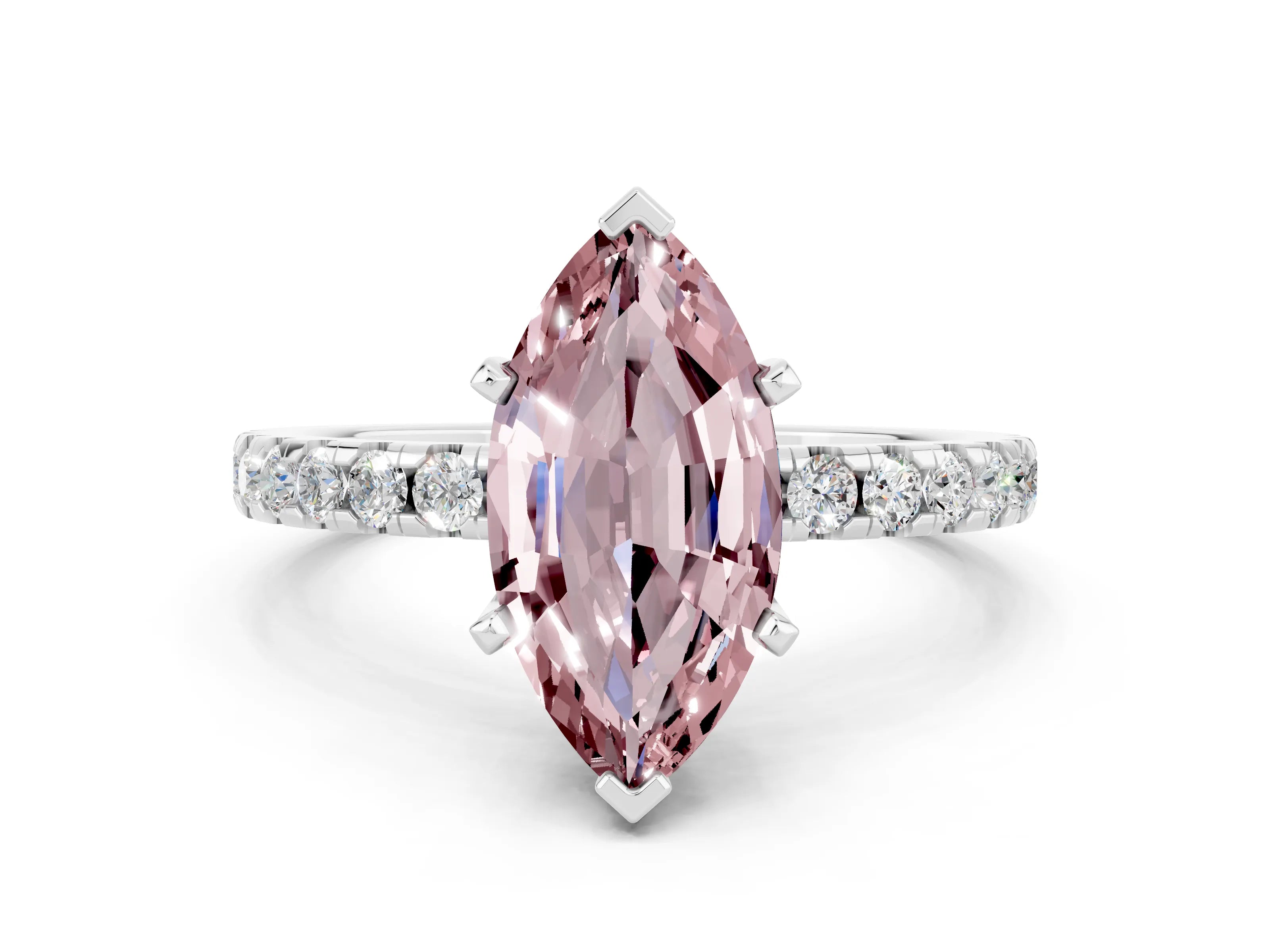 White gold Marquise Cut Morganite Solitaire Ring with Pavé Band and Four-Prong Setting_24