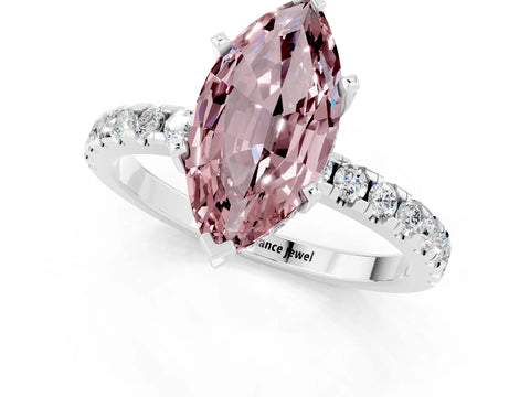 White gold Marquise Cut Morganite Solitaire Ring with Pavé Band and Four-Prong Setting_25