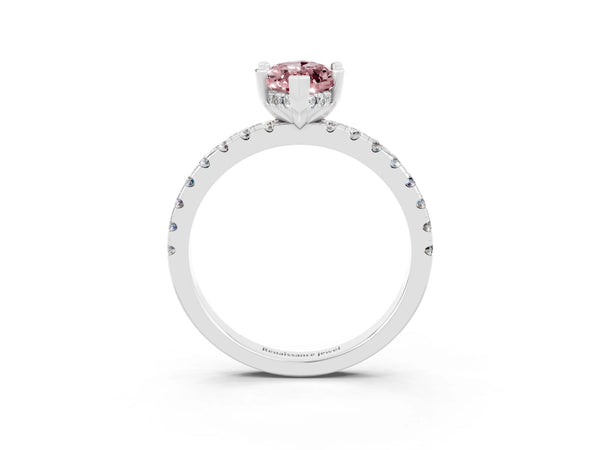 Silver Marquise Cut Morganite Solitaire Ring with Round  Pavé Band and Four-Prong Setting