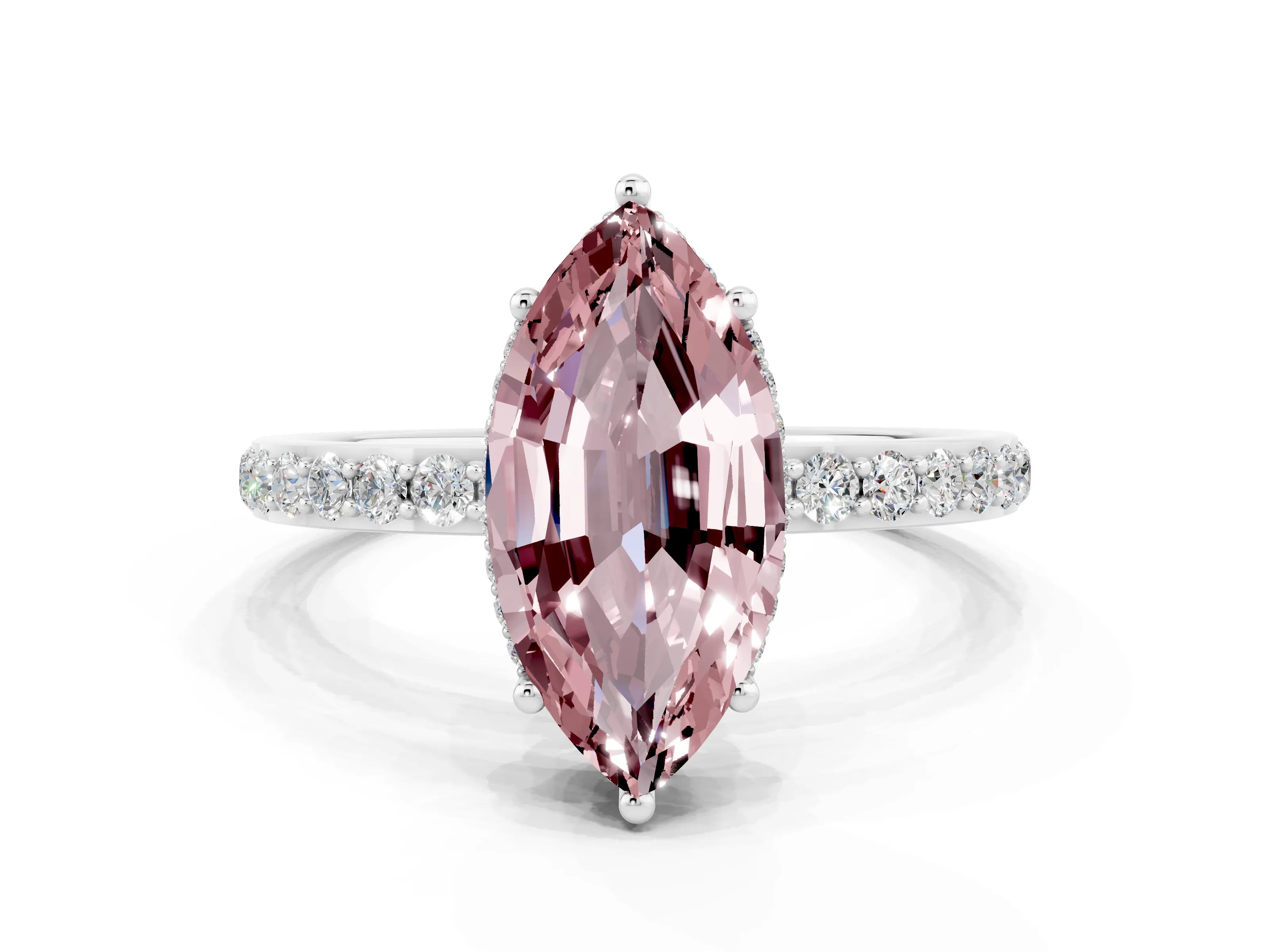 White gold Marquise Cut Morganite Solitaire Ring with Pavé Band and Hidden Halo