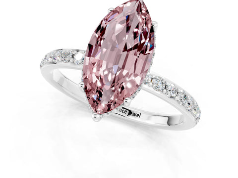 White gold Marquise Cut Morganite Solitaire Ring with Pavé Band and Hidden Halo_1