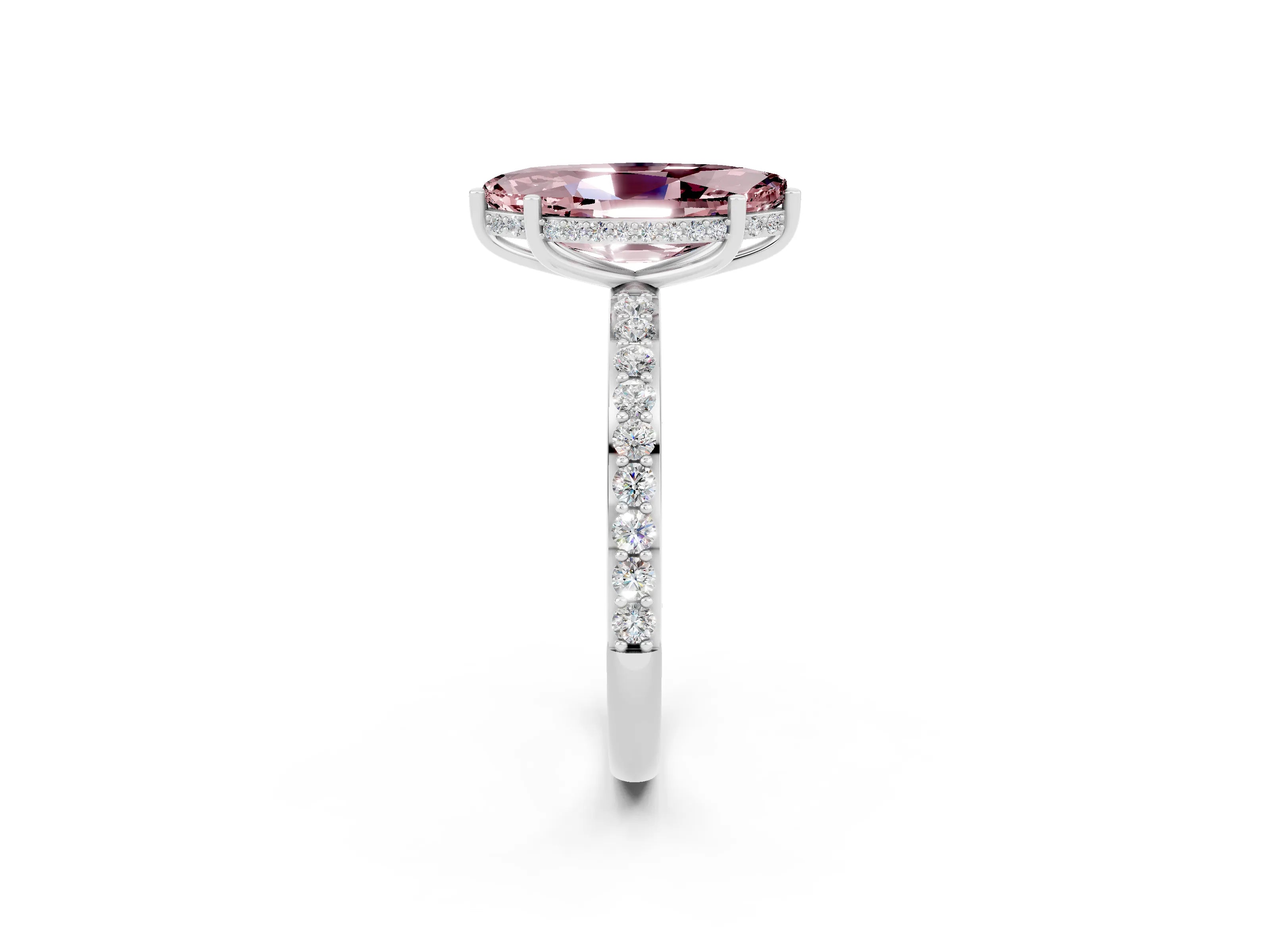 White gold Marquise Cut Morganite Solitaire Ring with Pavé Band and Hidden Halo_2