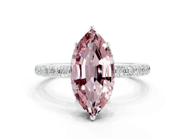 White gold Marquise Cut Morganite Solitaire Ring with Pavé Band and Hidden Halo