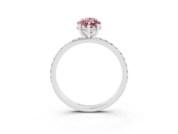 Silver Marquise Cut Morganite Solitaire Ring with Pavé Band and Hidden Halo