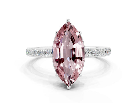 White gold Marquise Cut Morganite Solitaire Ring with Pavé Band and Hidden Halo