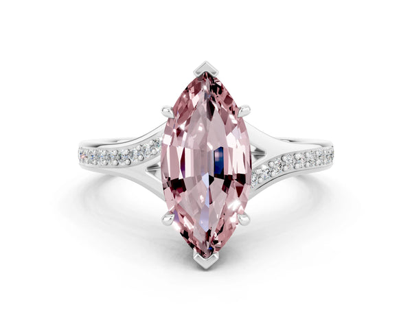 Platinum Marquise Cut Morganite Solitaire Ring with Pavé Band and Prong Setting