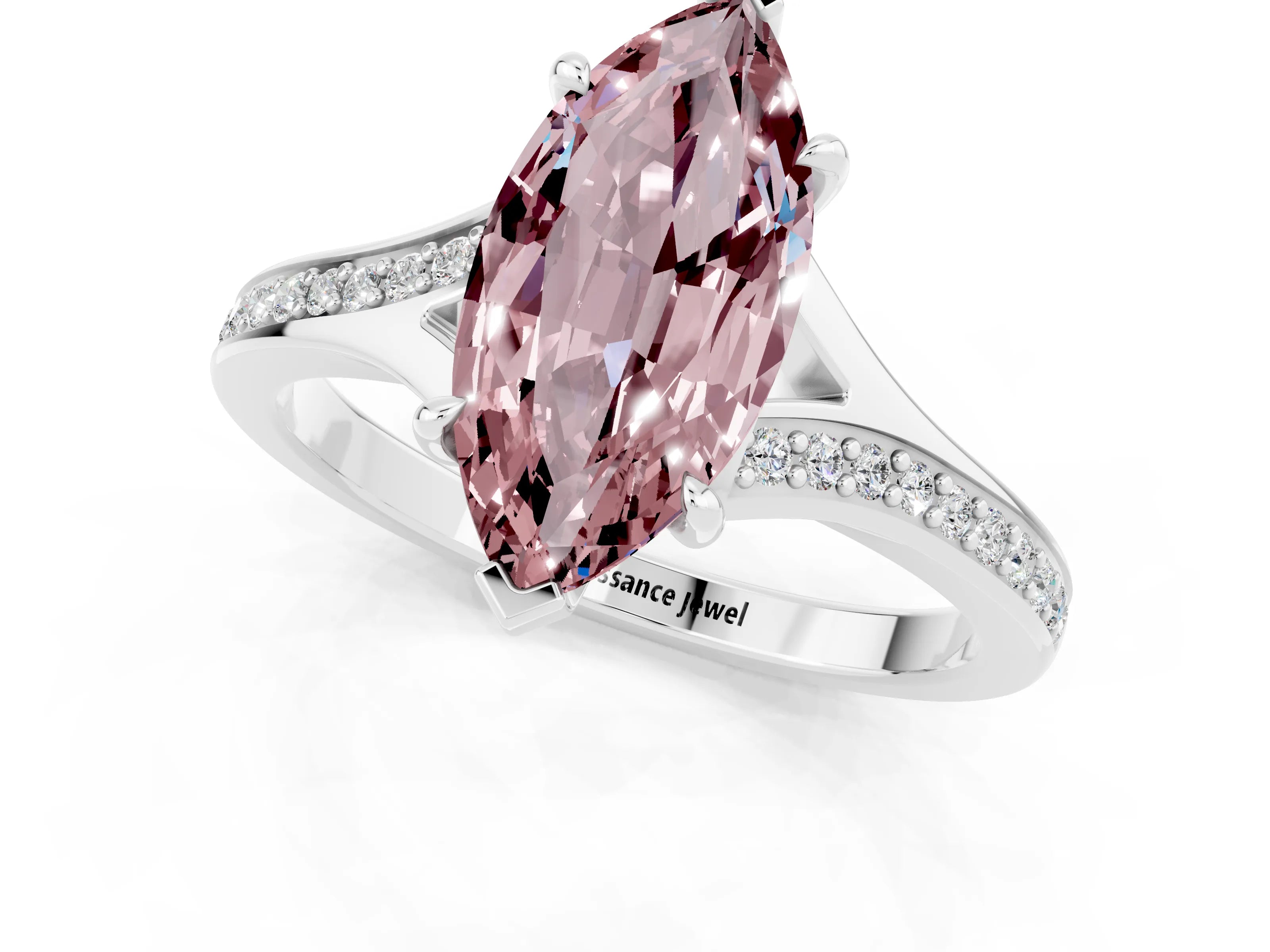 White gold Marquise Cut Morganite Solitaire Ring with Pavé Band and Prong Setting_1