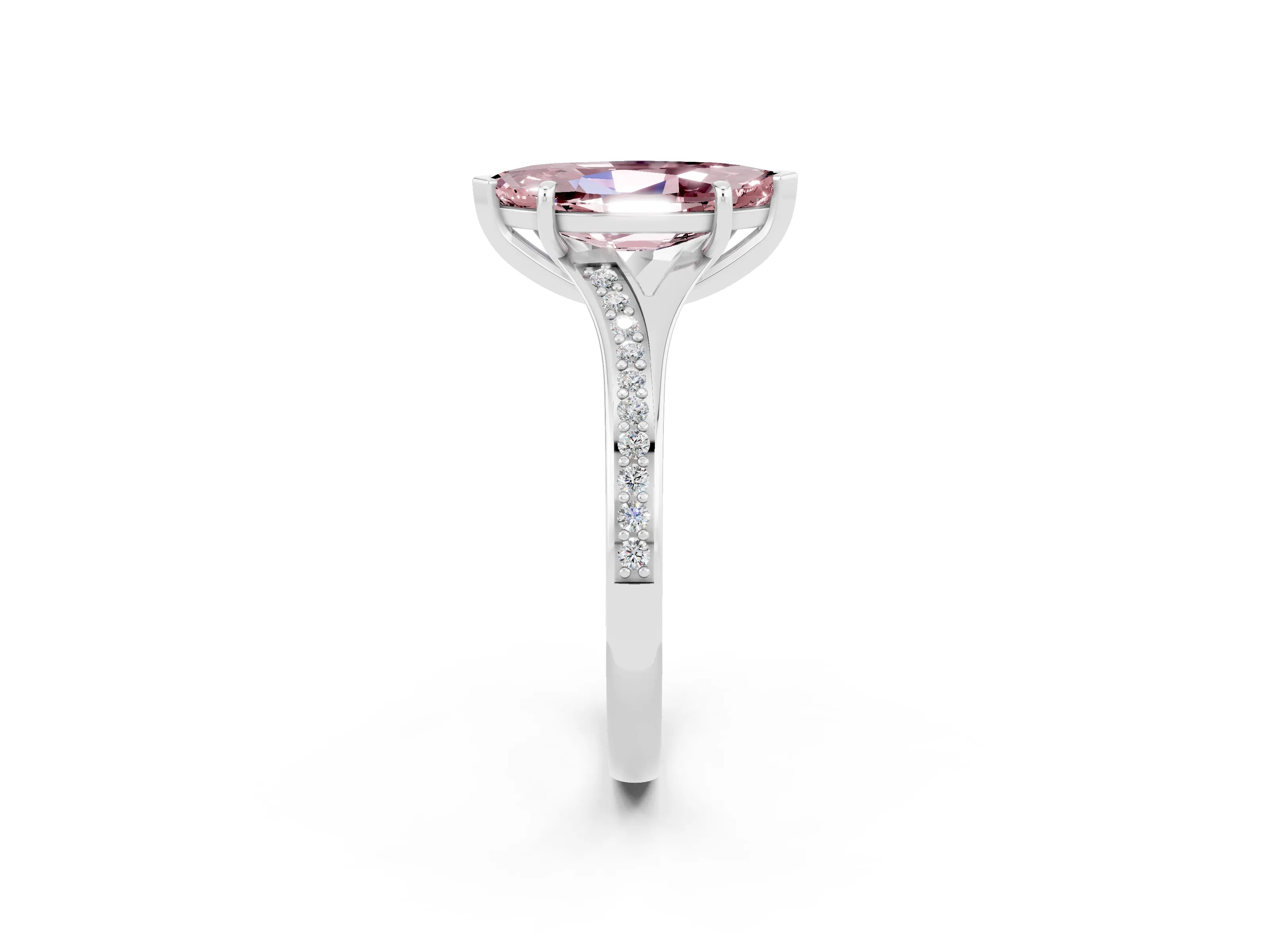 White gold Marquise Cut Morganite Solitaire Ring with Pavé Band and Prong Setting_2