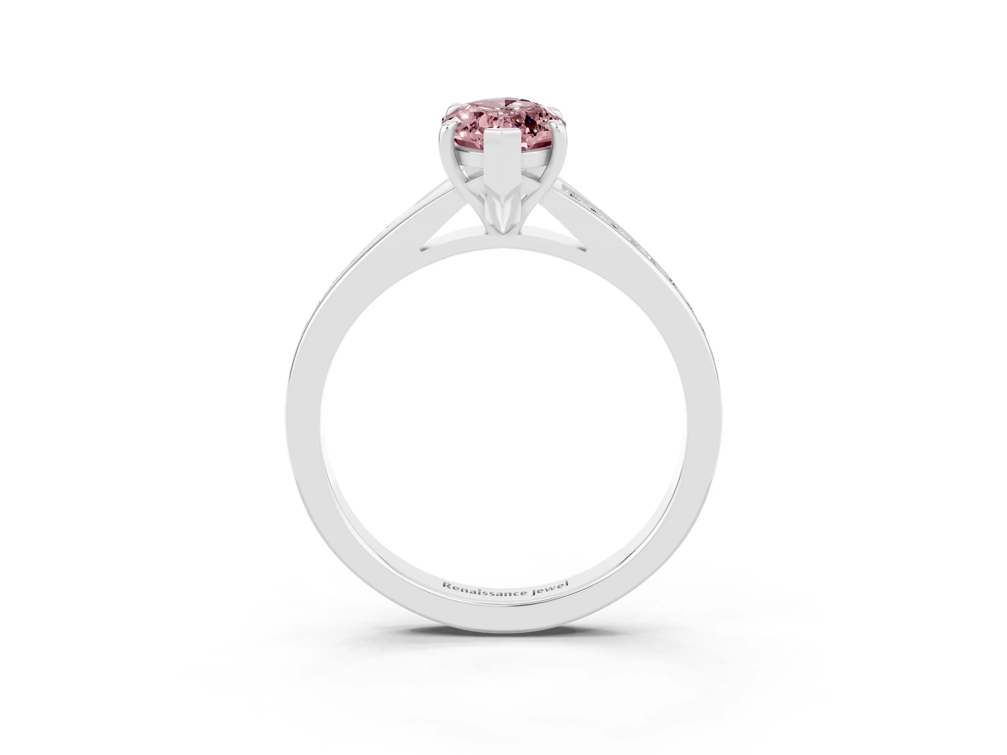 White gold Marquise Cut Morganite Solitaire Ring with Pavé Band and Prong Setting_3
