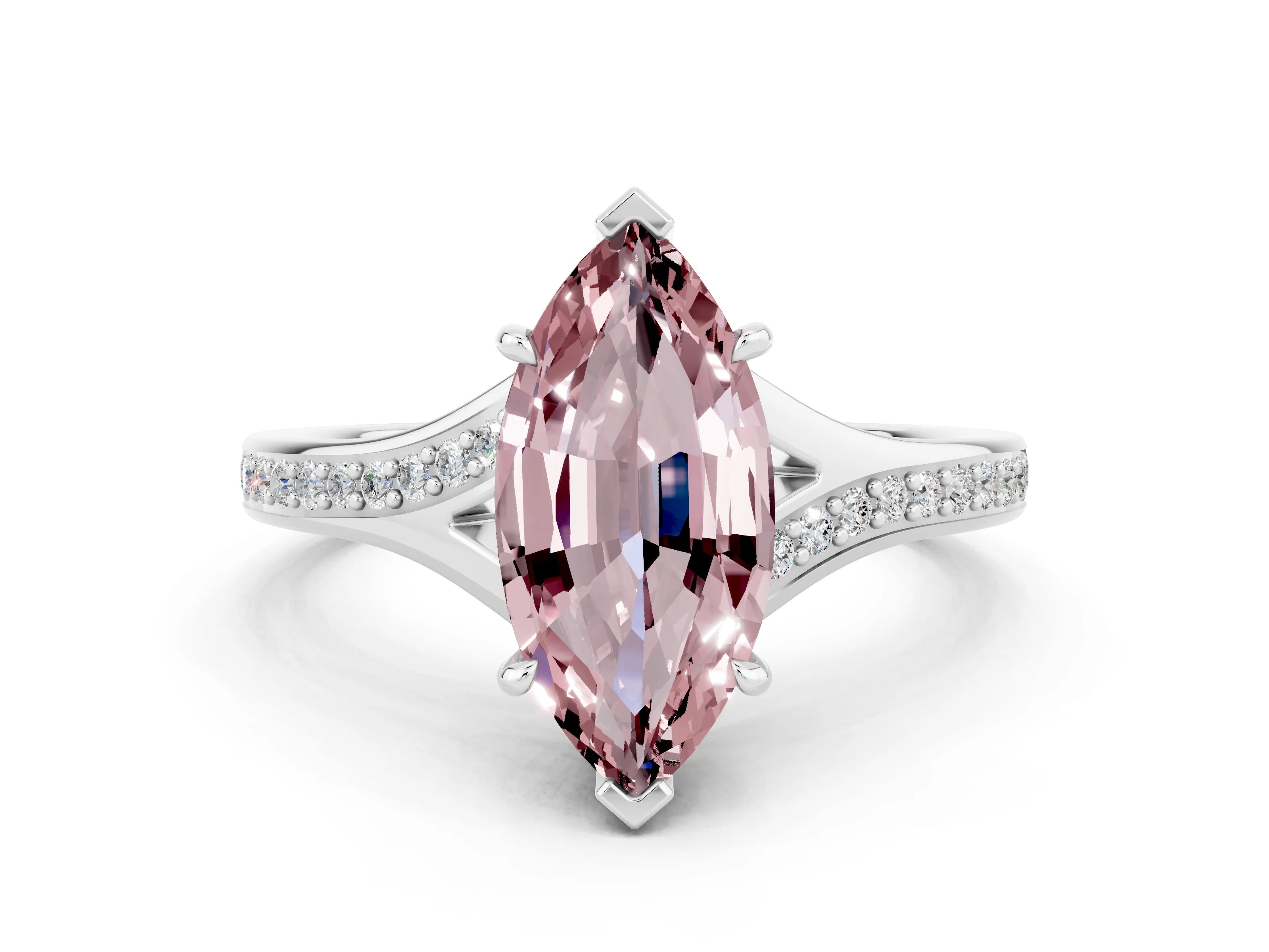 White gold Marquise Cut Morganite Solitaire Ring with Pavé Band and Prong Setting
