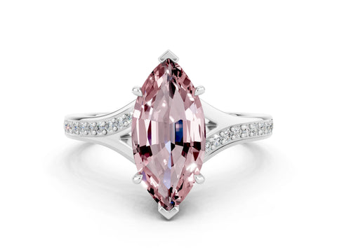White gold Marquise Cut Morganite Solitaire Ring with Pavé Band and Prong Setting