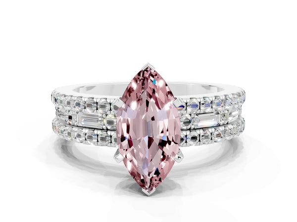 Platinum Marquise Cut Morganite Solitaire Ring with Pavé and Channel Set Band