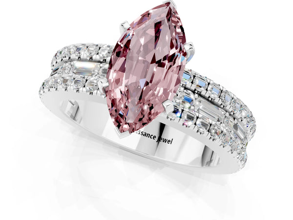 Platinum Marquise Cut Morganite Solitaire Ring with Pavé and Channel Set Band