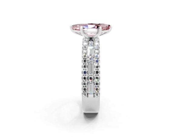 White gold Marquise Cut Morganite Solitaire Ring with Pavé and Channel Set Band