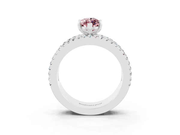 Platinum Marquise Cut Morganite Solitaire Ring with Pavé and Channel Set Band