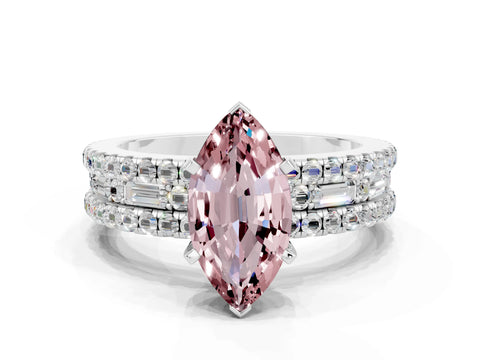 White gold Marquise Cut Morganite Solitaire Ring with Pavé and Channel Set Band