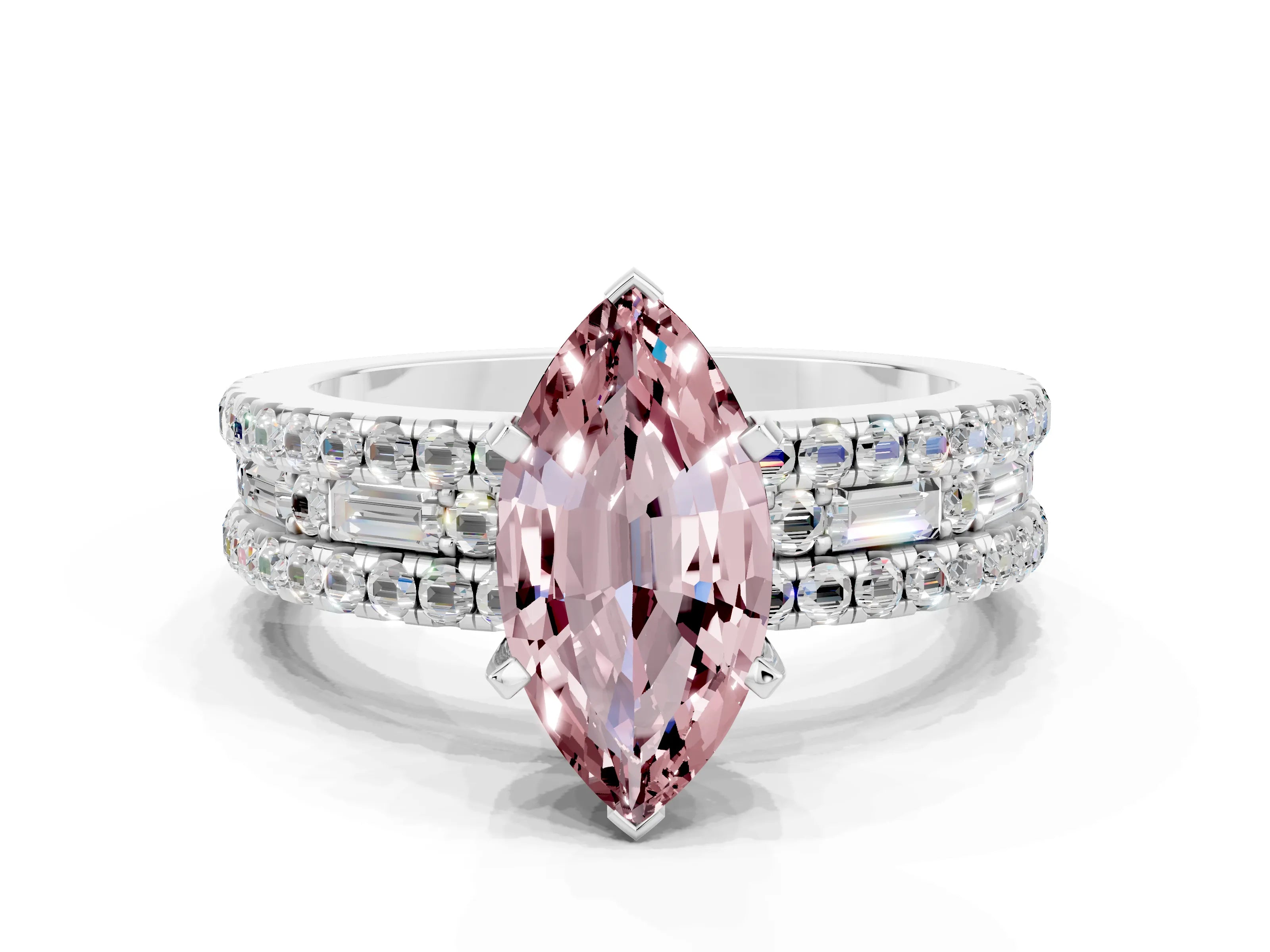 White gold Marquise Cut Morganite Solitaire Ring with Pavé and Channel Set Band