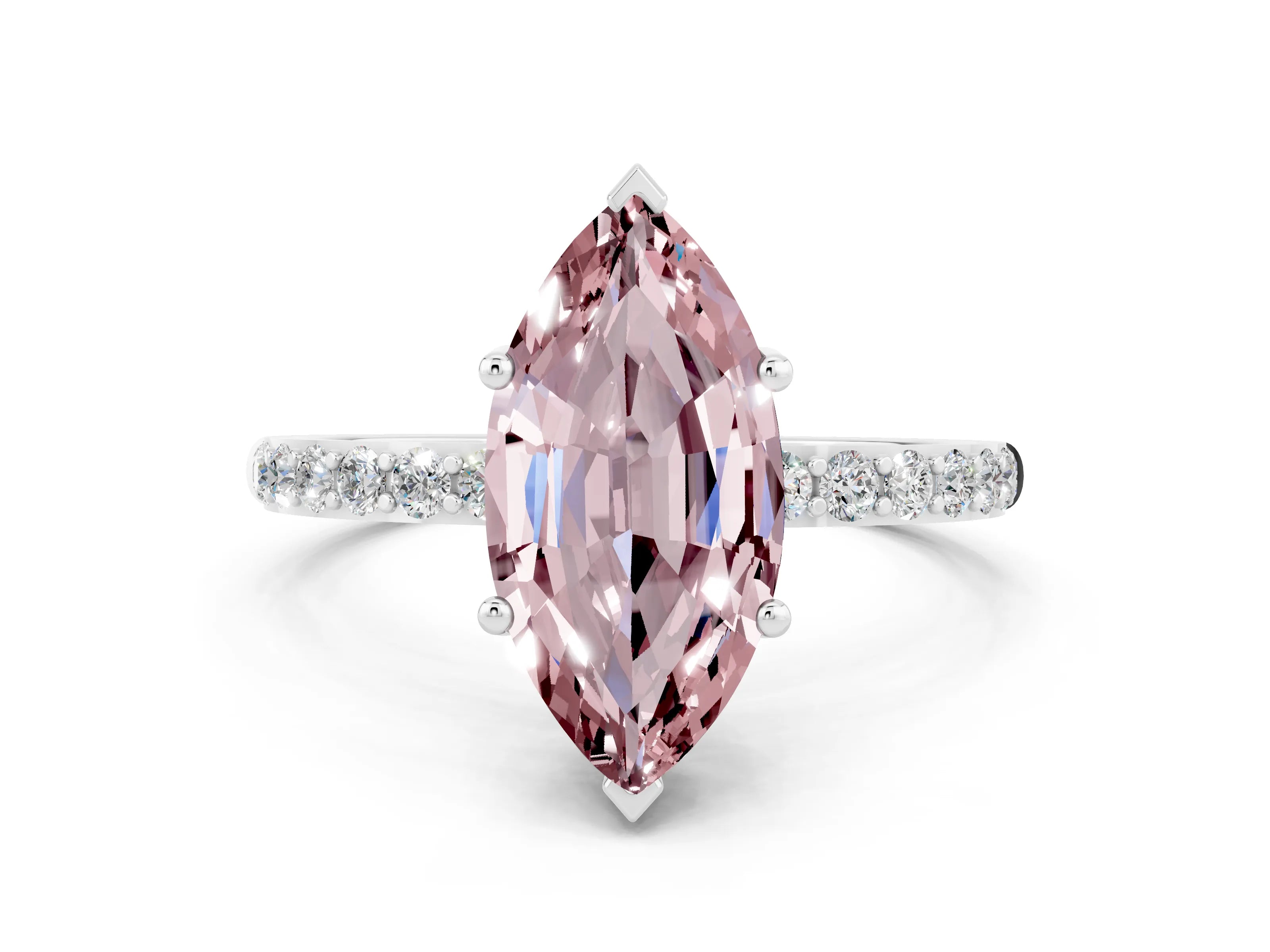 White gold Marquise Cut Morganite Solitaire Ring with Pave Band and Four Prong Setting_12