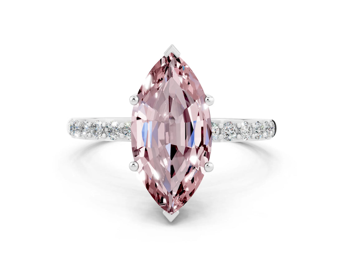 White gold Marquise Cut Morganite Solitaire Ring with Pave Band and Four Prong Setting_12