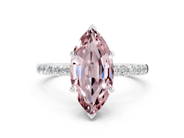 Platinum Marquise Cut Morganite Solitaire Ring with Round  Pavé Band and Prong Setting