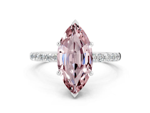White gold Marquise Cut Morganite Solitaire Ring with Pave Band and Four Prong Setting_12