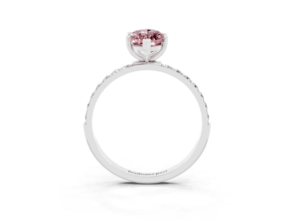 Silver Marquise Cut Morganite Solitaire Ring with Round  Pavé Band and Prong Setting