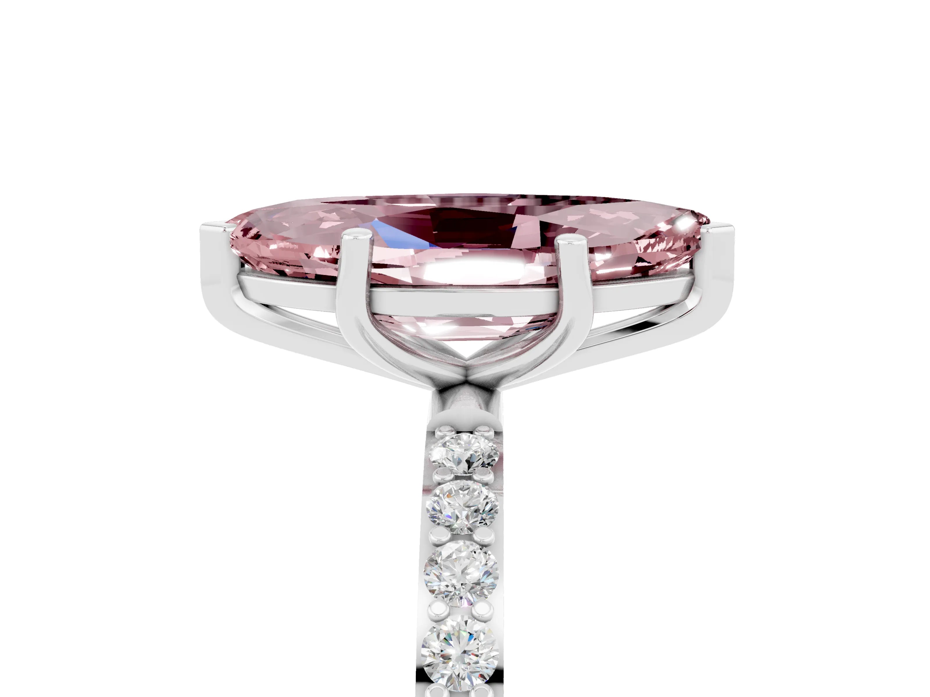 White gold Marquise Cut Morganite Solitaire Ring with Pave Band and Four Prong Setting_17