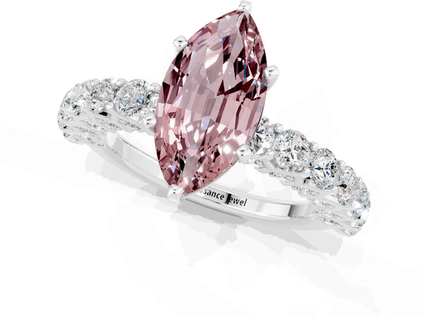 White gold Marquise Cut Morganite Solitaire Ring with Shared Prong Pavé Band and Four-Prong Setting