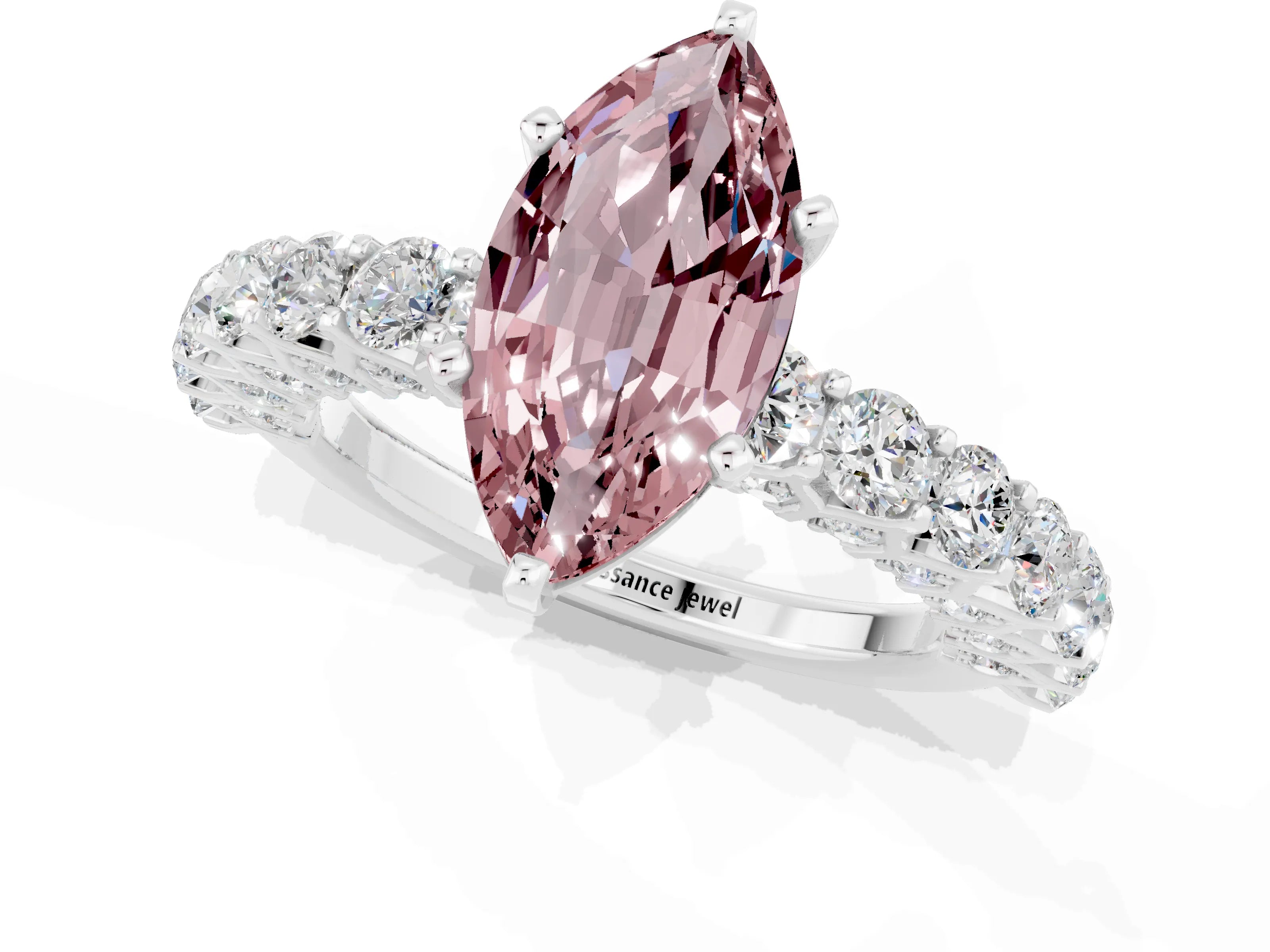 White gold Marquise Cut Morganite Solitaire Ring with Shared Prong Pavé Band and Four-Prong Setting_1