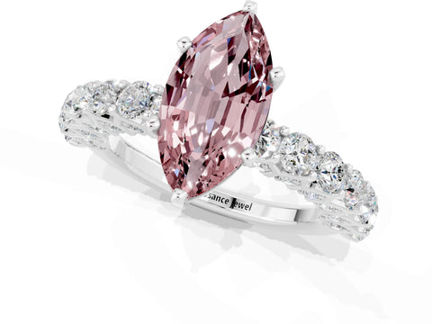 White gold Marquise Cut Morganite Solitaire Ring with Shared Prong Pavé Band and Four-Prong Setting_1