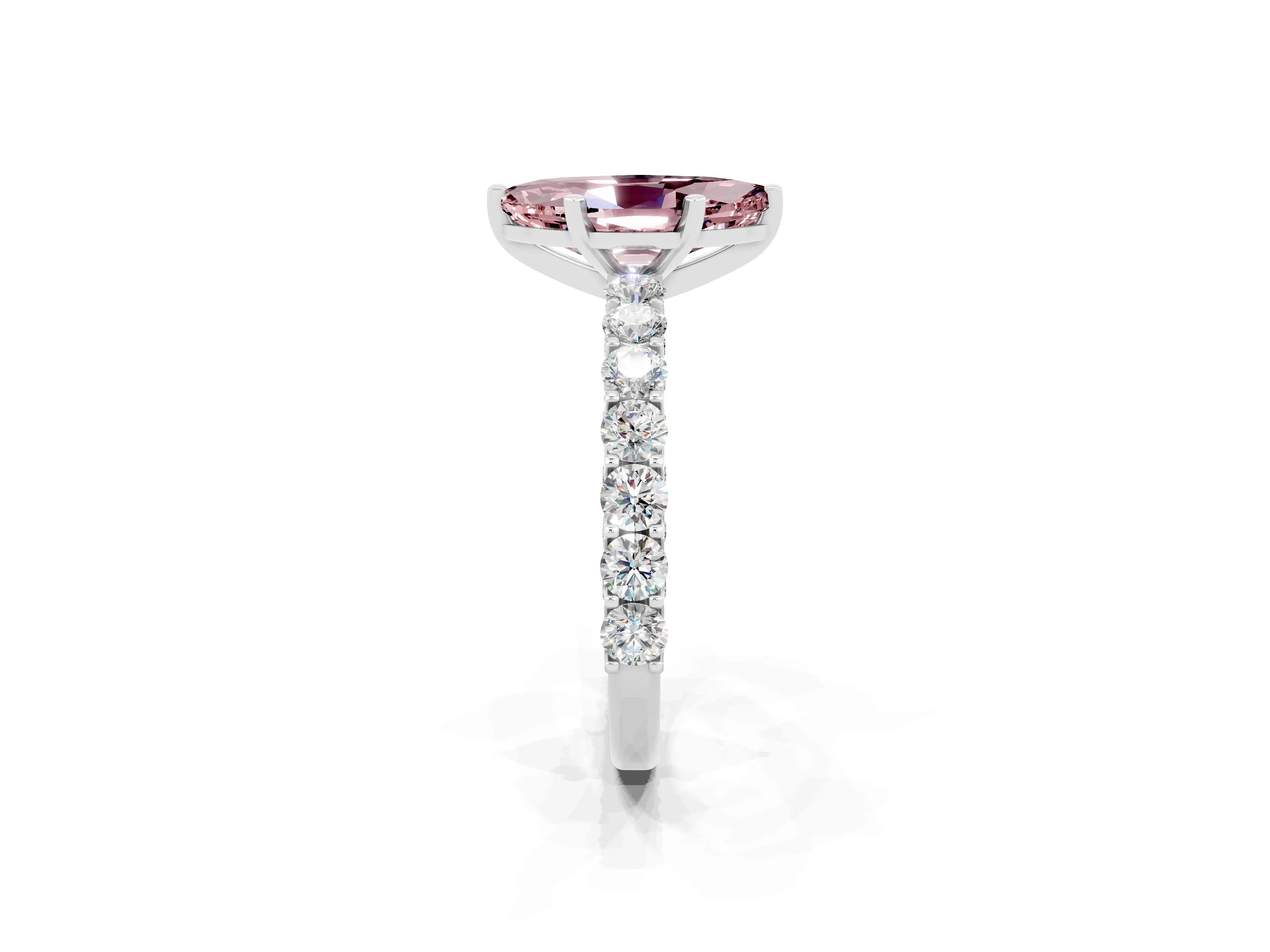 White gold Marquise Cut Morganite Solitaire Ring with Shared Prong Pavé Band and Four-Prong Setting_2