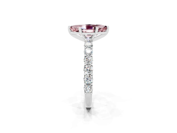 White gold Marquise Cut Morganite Solitaire Ring with Shared Prong Pavé Band and Four-Prong Setting