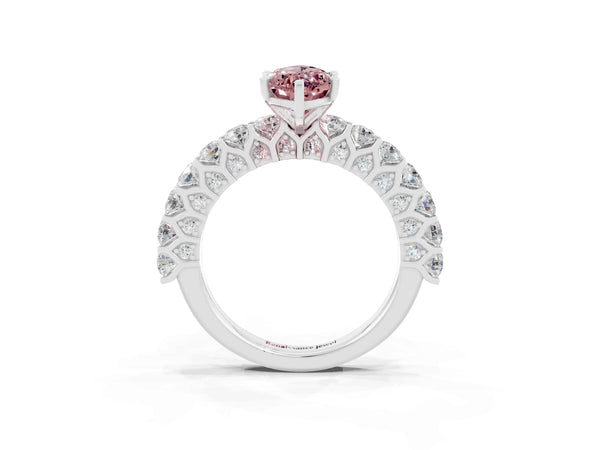 White gold Marquise Cut Morganite Solitaire Ring with Shared Prong Pavé Band and Four-Prong Setting