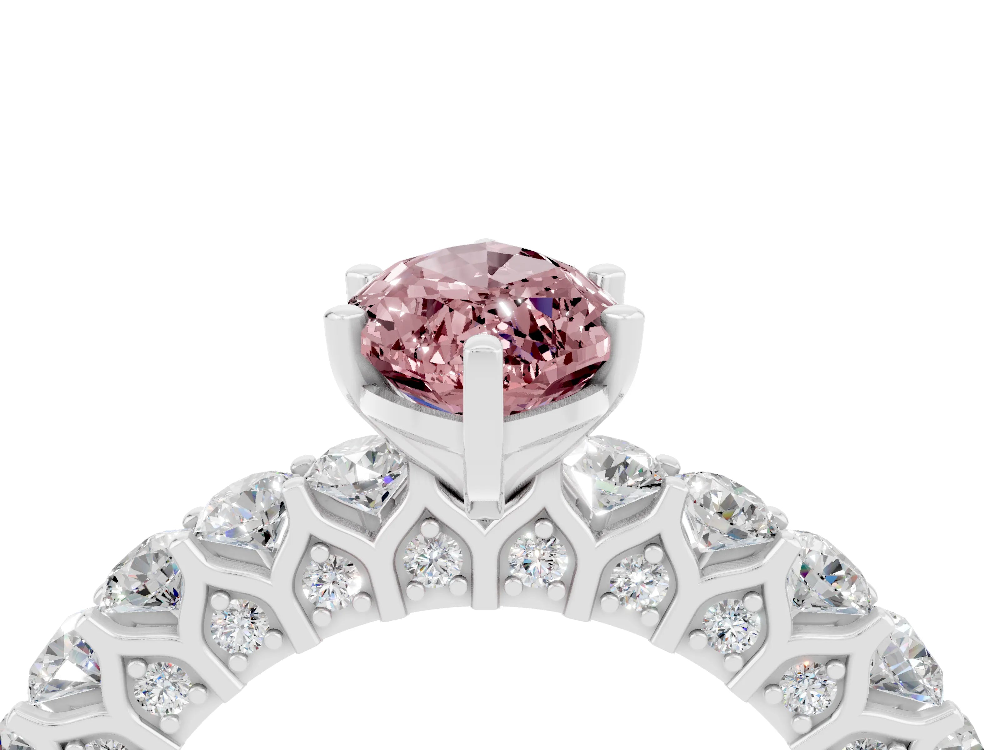 White gold Marquise Cut Morganite Solitaire Ring with Shared Prong Pavé Band and Four-Prong Setting_4