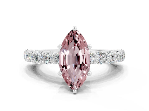 White gold Marquise Cut Morganite Solitaire Ring with Shared Prong Pavé Band and Four-Prong Setting