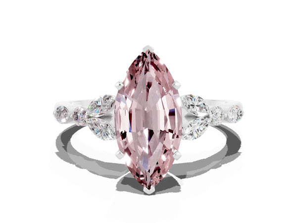 Platinum Marquise Cut Morganite Solitaire Ring with Side Stones and Four-Prong Setting