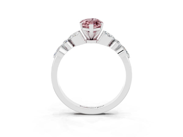 Silver Marquise Cut Morganite Solitaire Ring with Side Stones and Four-Prong Setting