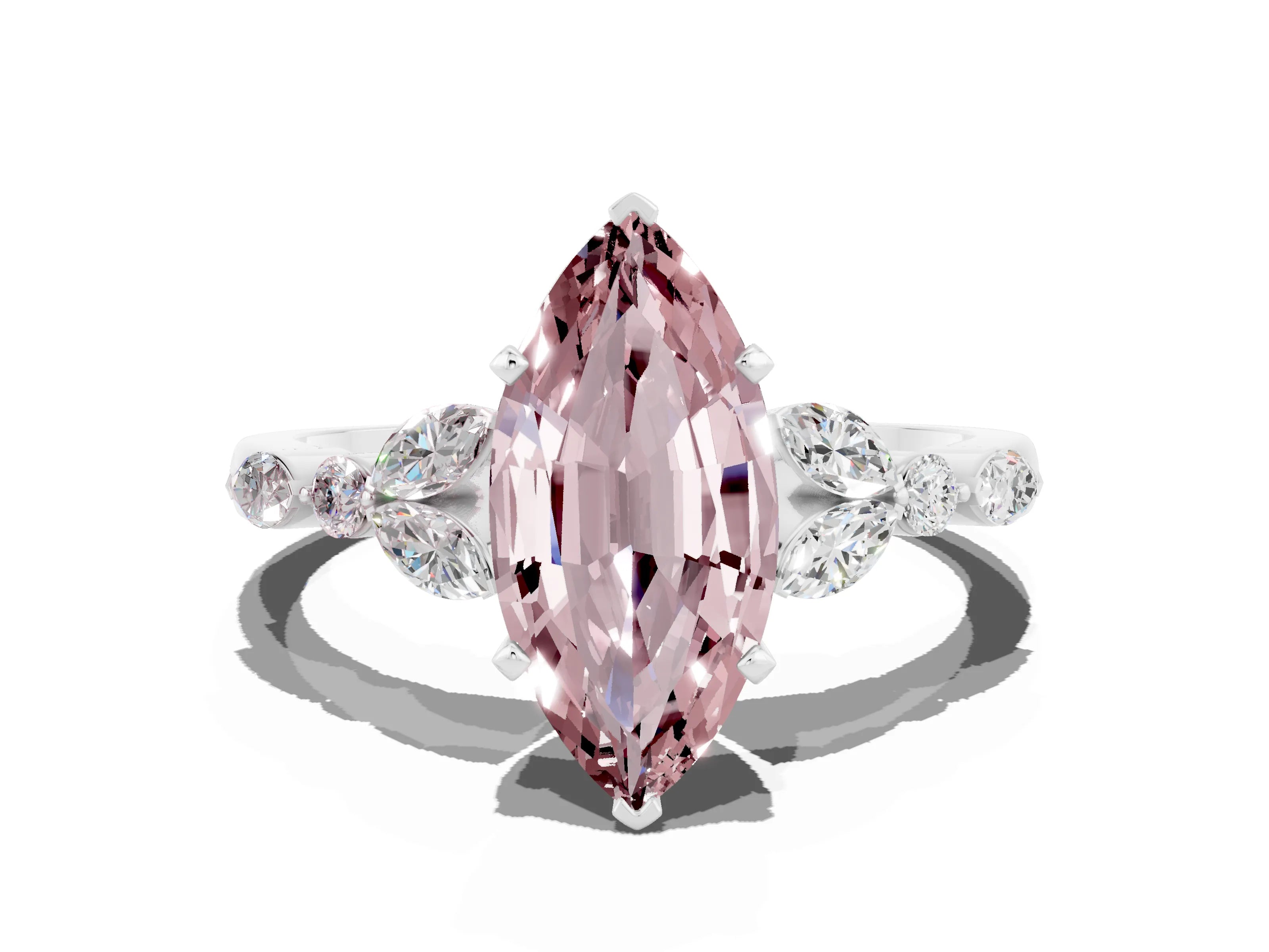 White gold Marquise Cut Morganite Solitaire Ring with Side Stones and Four-Prong Setting_42