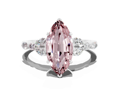 White gold Marquise Cut Morganite Solitaire Ring with Side Stones and Four-Prong Setting_42