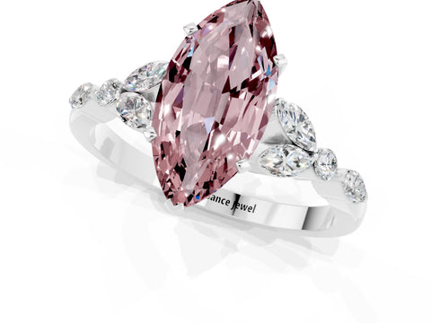White gold Marquise Cut Morganite Solitaire Ring with Side Stones and Four-Prong Setting_43