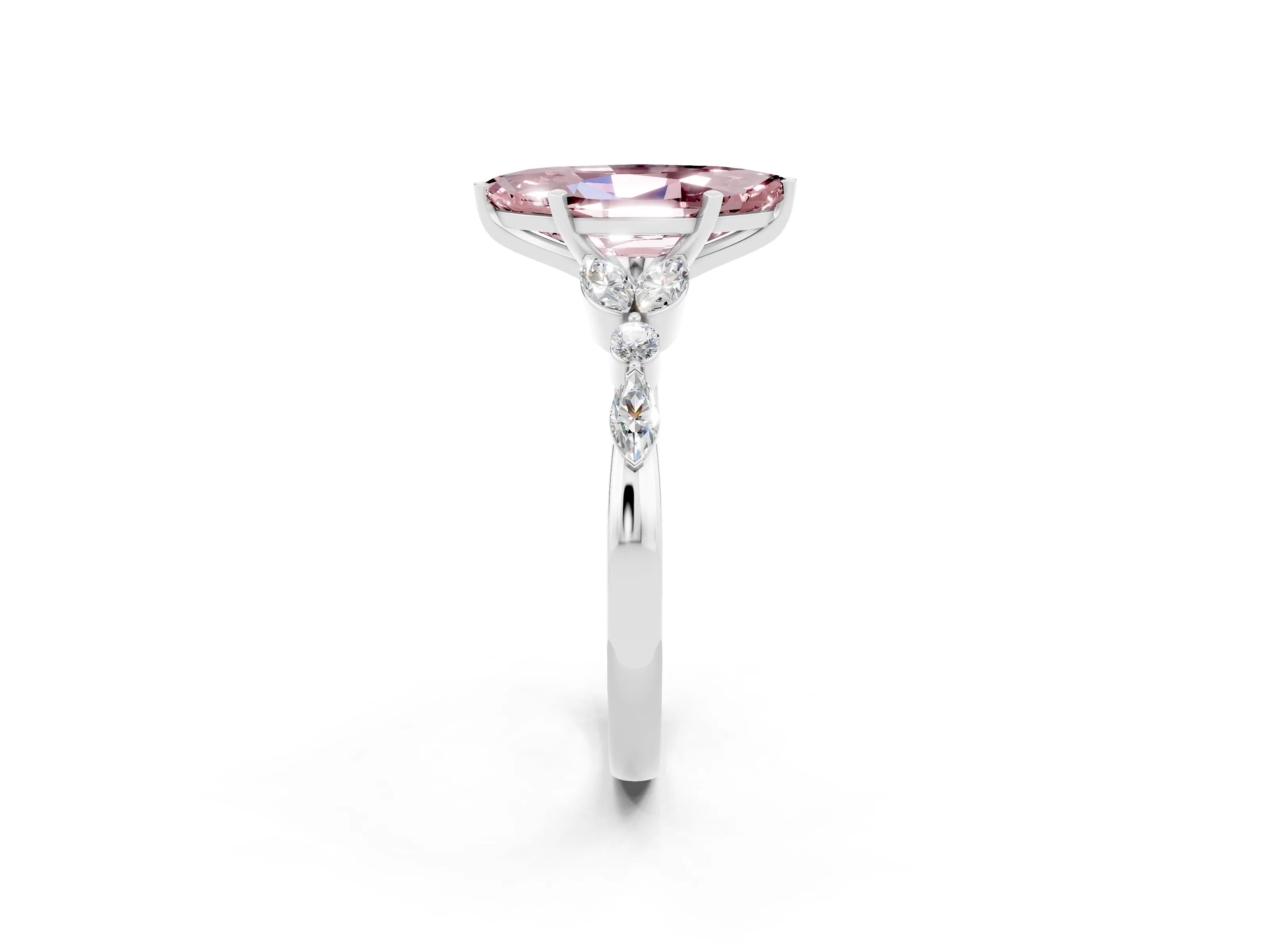 White gold Marquise Cut Morganite Solitaire Ring with Side Stones and Four-Prong Setting_44