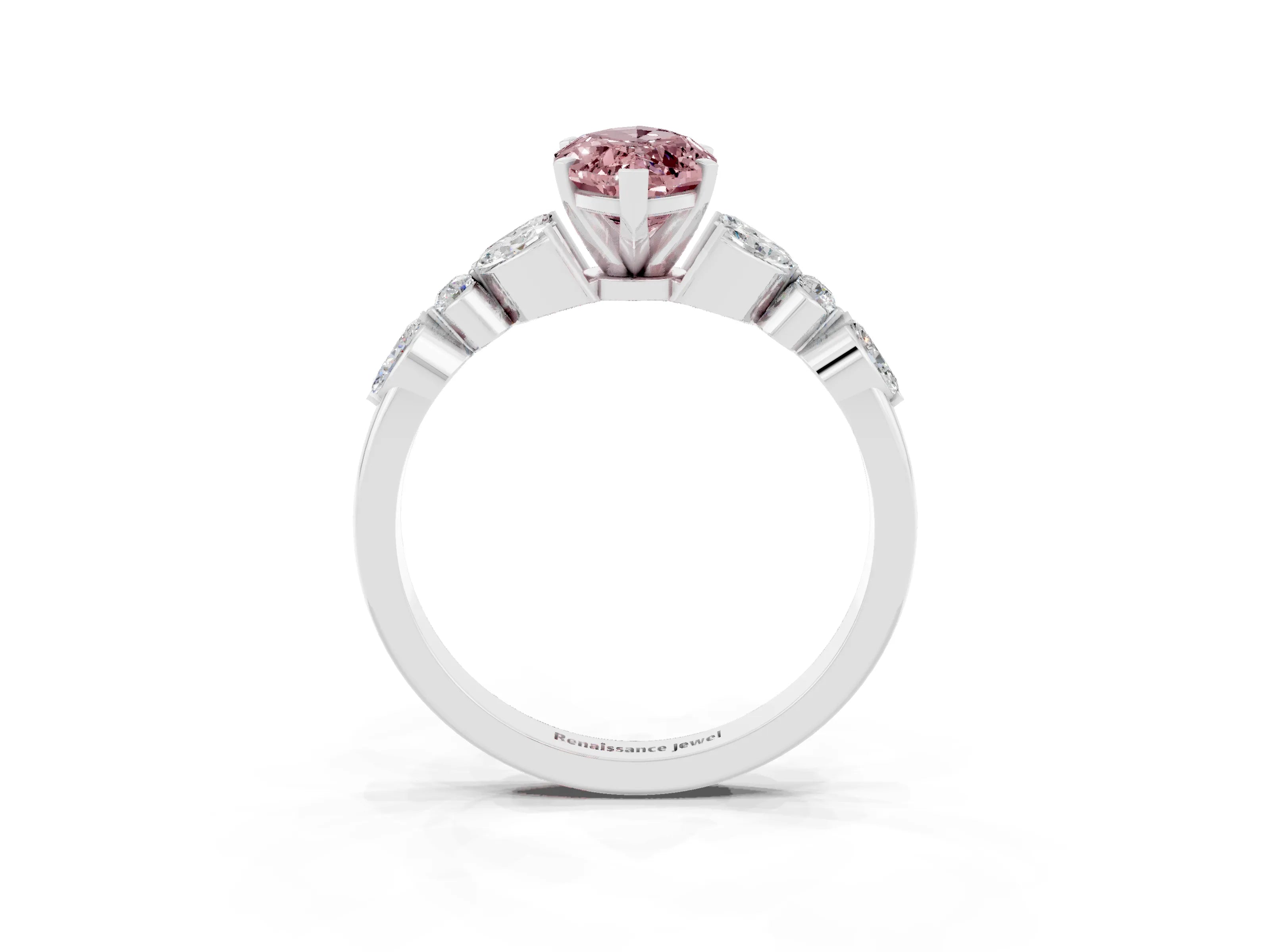 White gold Marquise Cut Morganite Solitaire Ring with Side Stones and Four-Prong Setting_45