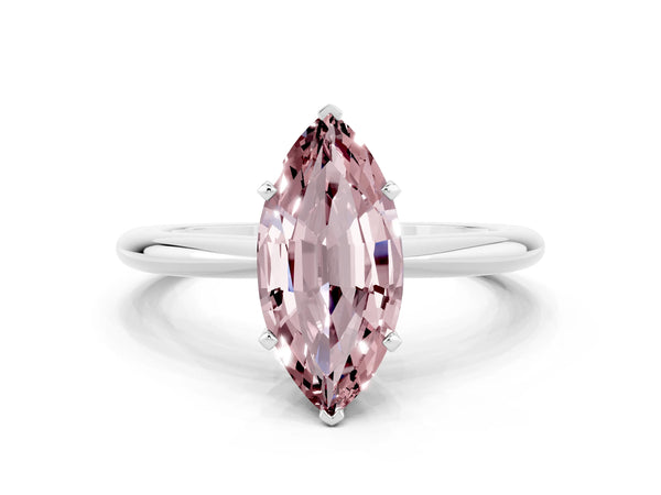 Platinum Marquise Cut Morganite Solitaire Ring with Six-Prong Setting and Classic Band