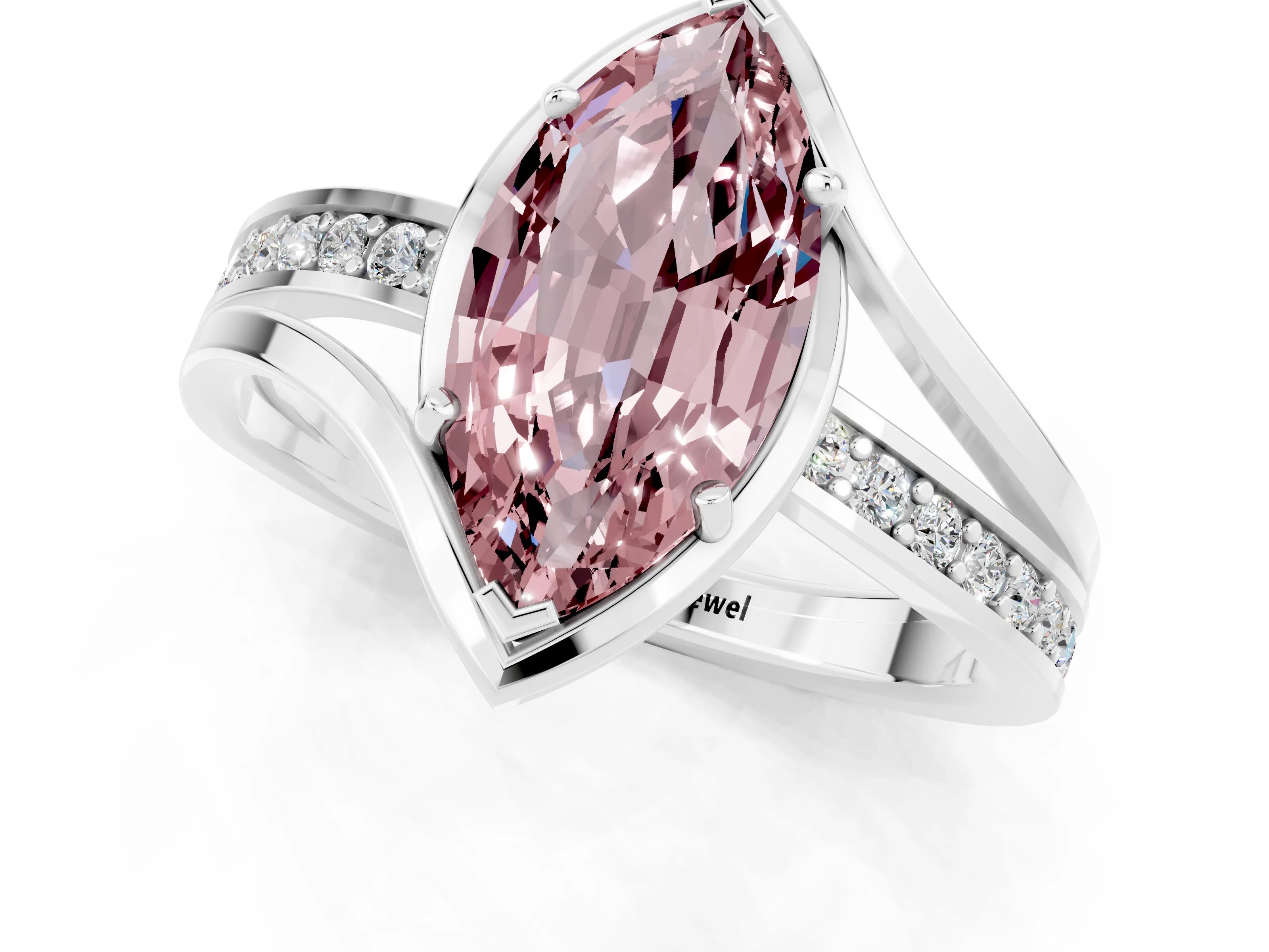 White gold Marquise Cut Morganite Solitaire Ring with Split Shank and Prong Setting_1