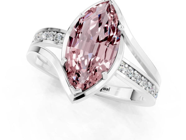 Silver Marquise Cut Morganite Solitaire Ring with Split Shank and Prong Setting