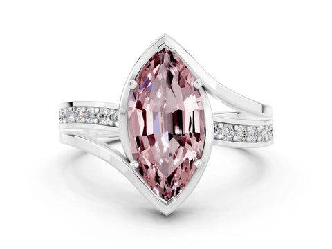 White gold Marquise Cut Morganite Solitaire Ring with Split Shank and Prong Setting