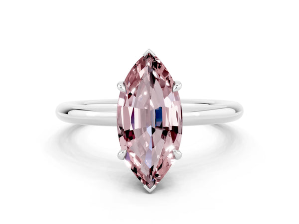 White gold Marquise Cut Morganite Solitaire Ring with Thin Band and Four-Prong Setting